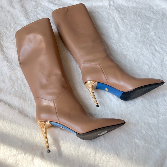 $725 Loriblu Made In Italy Camel Taupe Knee High Boots High Heel Pointy Toe 40IT - Picture 8 of 15